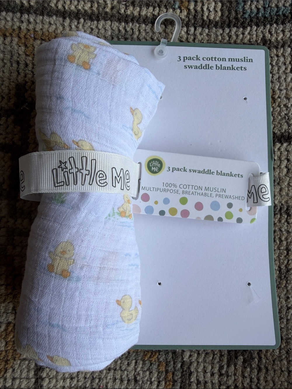 Little Me White Cotton Muslin Swaddle Blanket with Yellow Duck Print